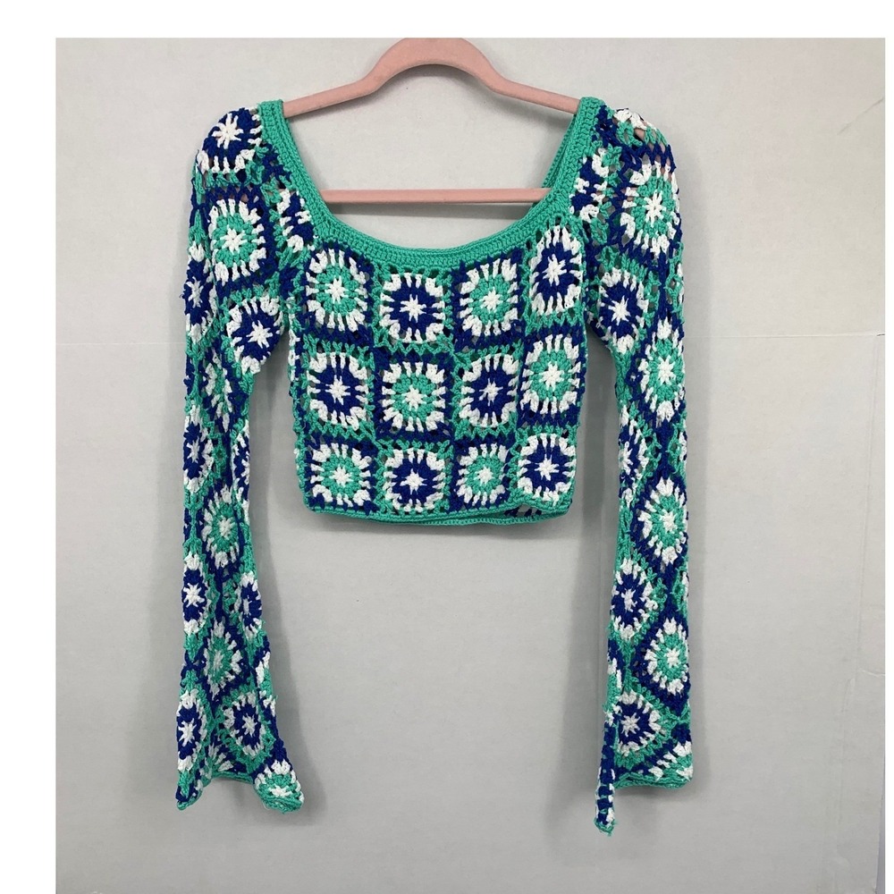 Crochet Granny Square Bell Sleeve Crop Top Blue Mint White Boho Festival
